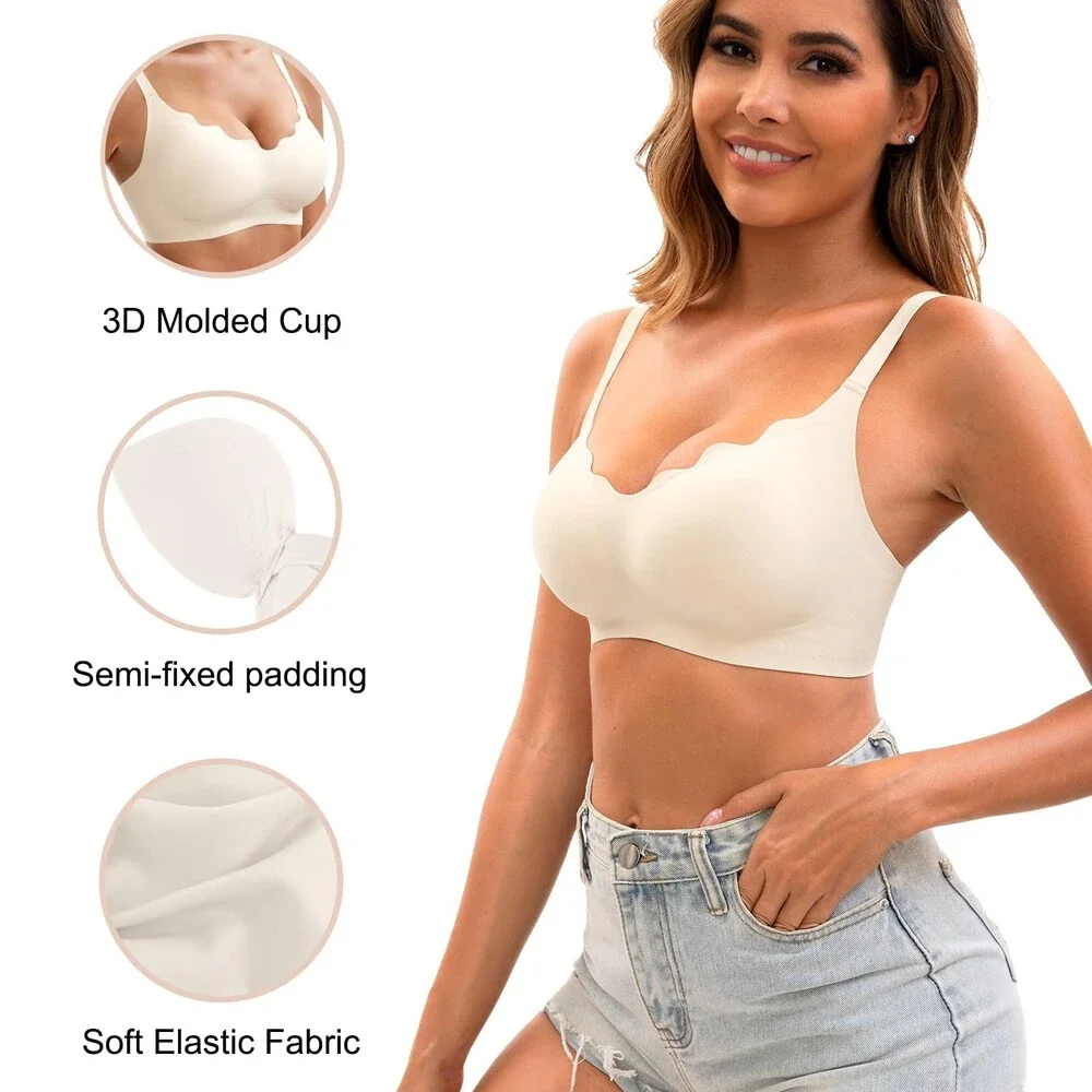 Jasmolly Women's Seamless T-Shirt Bras 3 Pack Wireless Comfy Jelly Bra Full L